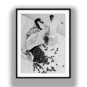 Impresión digital instantánea en blanco y negro de una cafetera y granos de café.