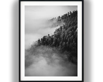 Black and White Misty Forest Print, Foggy Mountain Trees Landscape, Digital Download Wall Art