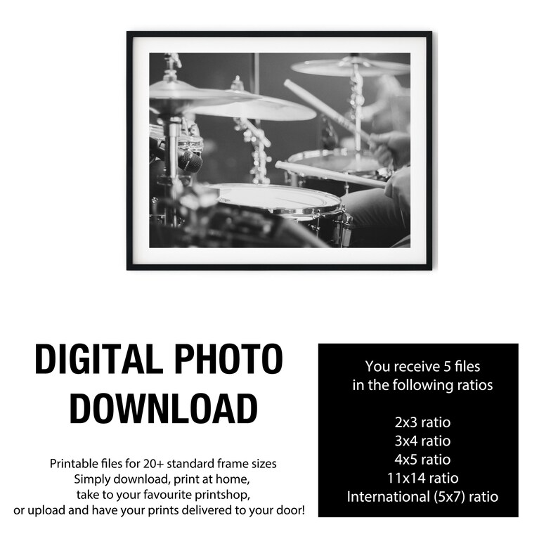 Czarno-biały wydruk fotograficzny perkusisty jazzowego, grafika ścienna z muzyką do pobrania w wersji cyfrowej zdjęcie 5