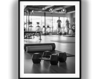 Black and White Gym Dumbbells Print, Fitness Wall Art Digital Download, Exercise Room Photography
