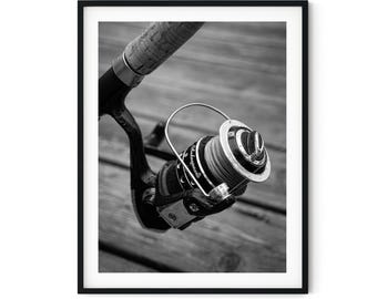 Zwart-witfoto Instant digitale download Wall Art Print afbeelding van hengel en haspel