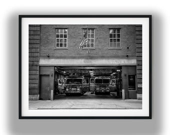 Black and White Firehouse Printable Wall Art, NYC Fire Truck Digital Download Print