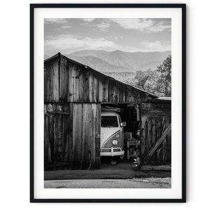 Black And White Photo Instant Digital Download Wall Art Print Van In A Barn Image