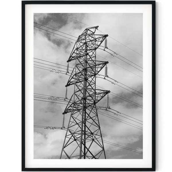Black And White Photo Instant Digital Download Wall Art Print Power Lines And Pylon Image