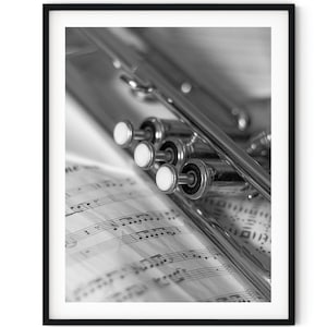 Black And White Photo Instant Digital Download Wall Art Print Brass Trumpet Music Image