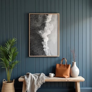 Impression de vagues de l'océan plage noir et blanc, photographie d'art mural côtier, téléchargement numérique, affiche moderne d'écume de mer, rivage minimaliste