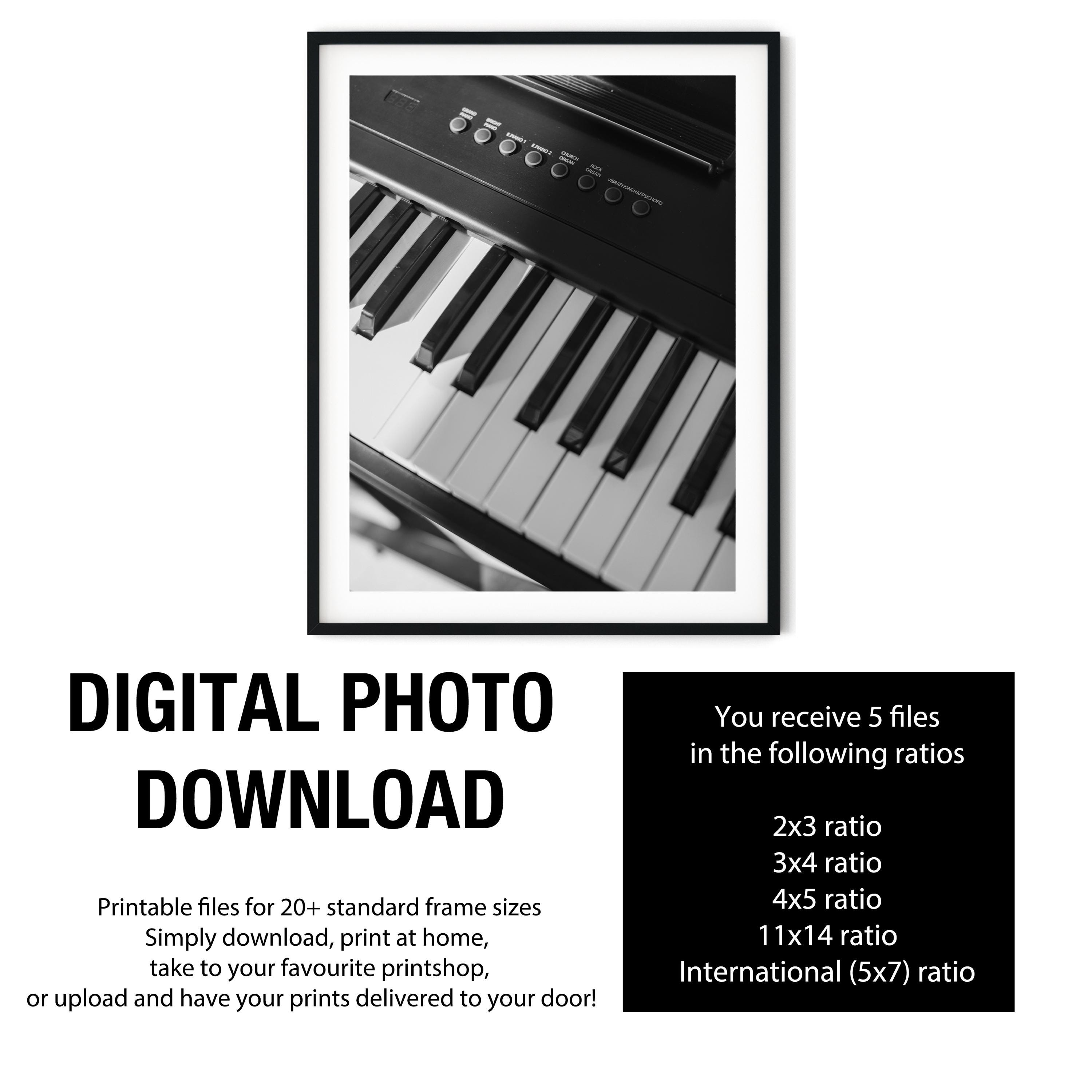 Black and White Piano Print, Electronic Keyboard Photography