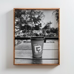 Black and White Coffee Cup Print, Lost Bean Digital Download Outdoor Cafe Wall Art