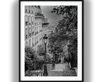 Stampa in bianco e nero della scalinata di Montmartre a Parigi, fotografia di strada francese, download digitale