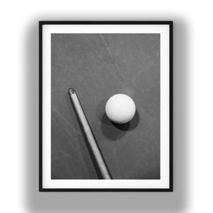 Black and White Snooker Cue and Ball Wall Art, Minimalist Billiards Print Digital Download