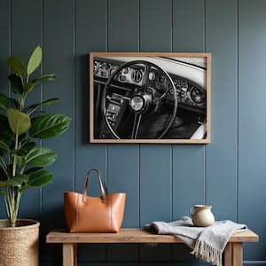 Black and White Classic Car Dashboard Photography, Vintage Rolls Royce Interior Digital Print, Retro Automotive Wall Art Instant Download