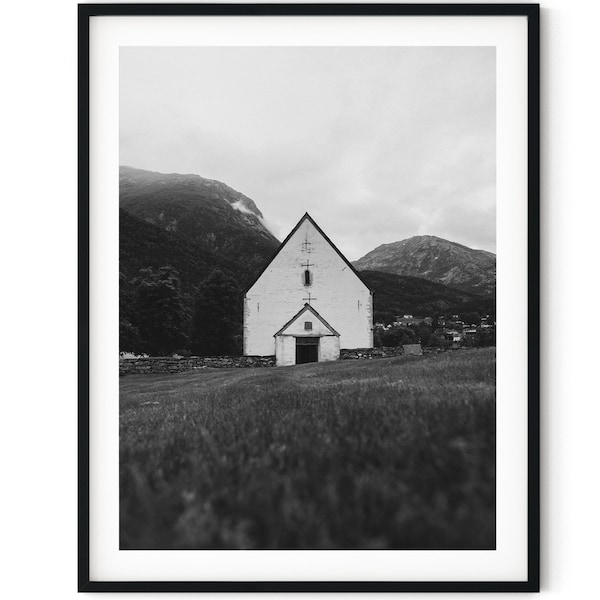 Black And White Photo Instant Digital Download Wall Art Print Church In The Mountains Image