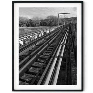 Black And White Photo Instant Digital Download Wall Art Print Train Tracks Rail Bridge Image