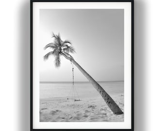 Black and White Palm Tree Swing Print, Tropical Beach Wall Art, Coastal Ocean Photography, Minimalist Digital Download