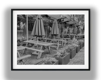 Black and White Cafe Patio Photography Print, Outdoor Picnic Tables Digital Download