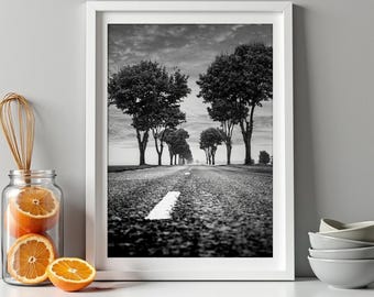 Black and White Country Road Photo Digital Download Tree Lined Lane Art Print Moody Landscape Photography Wall Decor