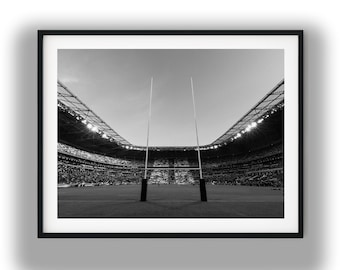 Black and White Rugby Goal Posts Print, Sports Stadium Wall Art, Digital Download Photography