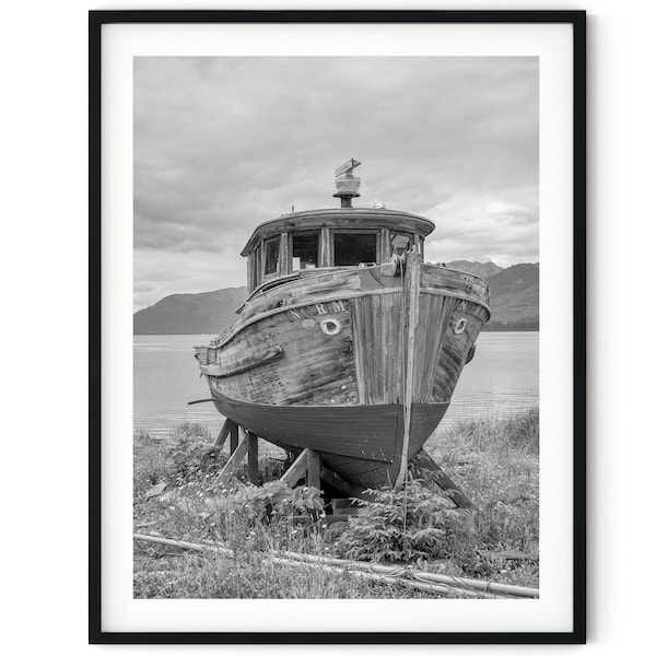 Photo noir et blanc Téléchargement numérique instantané Impression d’art mural Image de bateau abandonné