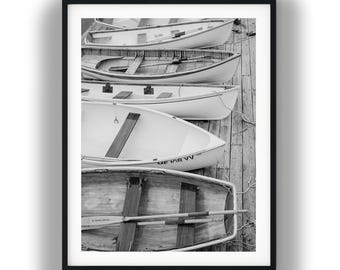 Black And White Photo Instant Digital Download Wall Art Print Row Boats Onshore Image