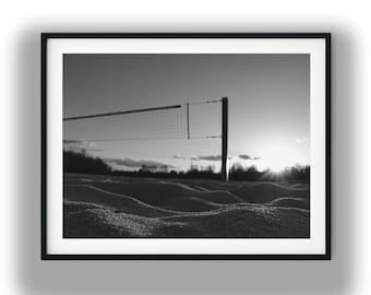 Black and White Beach Volleyball Sunset Print, Minimalist Sand Court Digital Download Printable Art