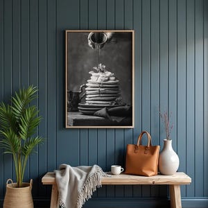 Black White Pancake Stack Print, Kitchen Wall Art Digital Download, Food Photography Print, Restaurant Decor, Pancakes Photo Printable