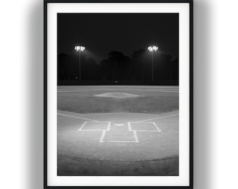 Black and White Baseball Field at Night Print, Empty Stadium Digital Download Wall Art