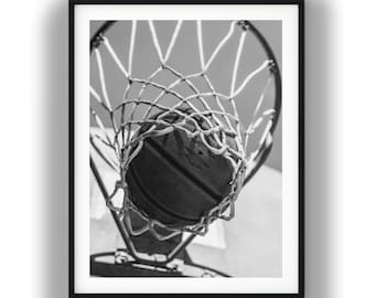 Black and White Basketball Hoop Print, Swish Sports Photography Art, Printable Digital Download