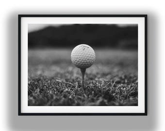 Black and White Golf Ball on Tee Digital Print, Minimalist Sports Photography Art Download