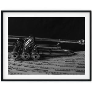 Black And White Photo Instant Digital Download Wall Art Print Trumpet And Music Sheet Image