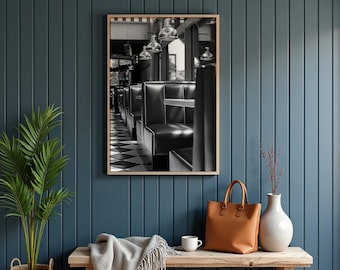Black and White Diner Photo Digital Download Retro Restaurant Print Vintage Booth Wall Art Classic Checkerboard Floor Photography