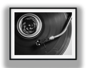 Black and White Vinyl Record Print, Turntable Wall Art Digital Download, Music Lover Photography, Retro LP Player Photo Decor