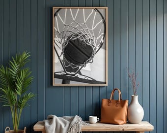Black White Basketball Hoop Print, Sports Wall Art Digital Download, Basketball Net Photography Printable, Minimalist Gym Decor