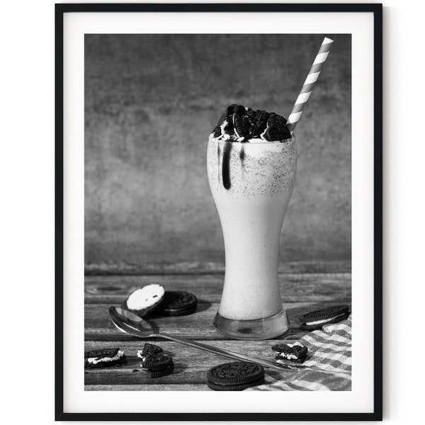 Black And White Photo Instant Digital Download Wall Art Print Oreo Milkshake Drink Image