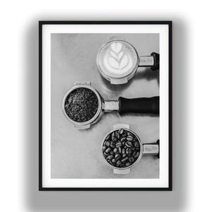 Black And White Photo Instant Digital Download Wall Art Print Coffee Beans Grounds And Latte Image