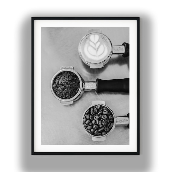 Black And White Photo Instant Digital Download Wall Art Print Coffee Beans Grounds And Latte Image