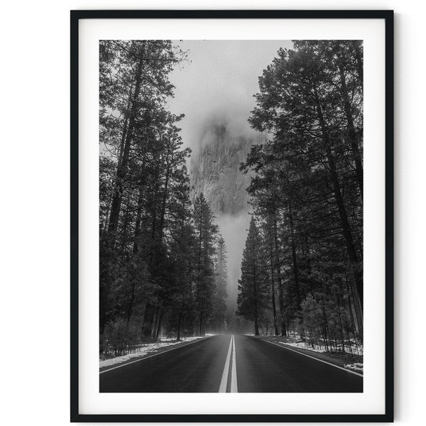 Black And White Photo Instant Digital Download Wall Art Print Mountain Forest Road Image