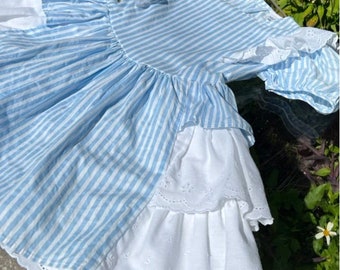 1980/90’s NANETTE Vintage Girl’s Cornflower Blue and White Striped Sailor Dress