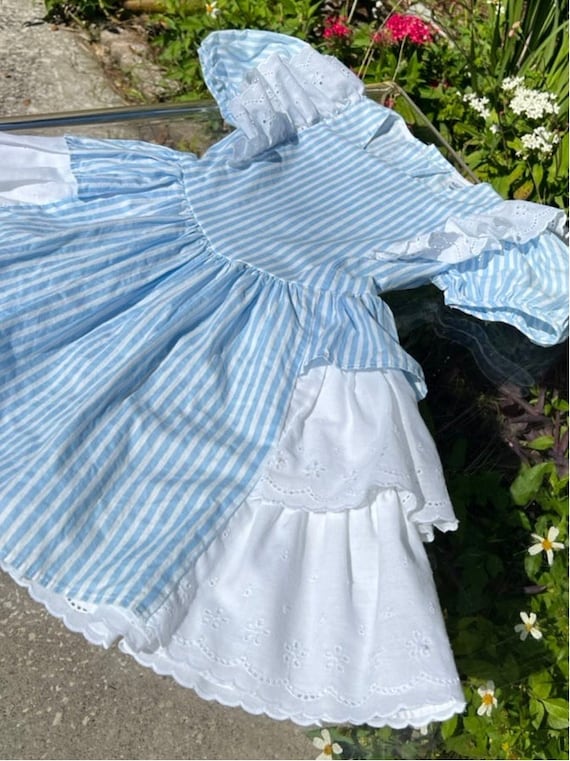 1980/90's NANETTE Vintage Girl's Cornflower Blue and White Striped Sailor Dress
