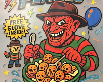 Freddy Flakes Horror Cereal Parody T-Shirt | Scary Movie Graphic Tee | Retro Horror Shirt | Funny Halloween Gift