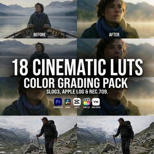 Könnte beinhalten: Ein digitales Produktpaket mit 18 Cinematic LUTs Color Grading Pack und Textüberlagerungen. Es zeigt Vorher-Nachher-Vergleiche von Videomaterial einer Person in einem Boot und beim Wandern sowie Symbole für Premiere Pro, DaVinci, CapCut, Final Cut und VN.