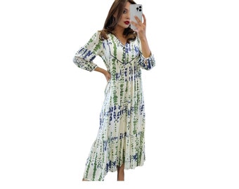 Women Maxi 3/4 Sleeves Cotton Dress V-Neck Casual Loose Dress Tunics Printed Dress Loose Soft Lightweight Summer Dress Shift Dress