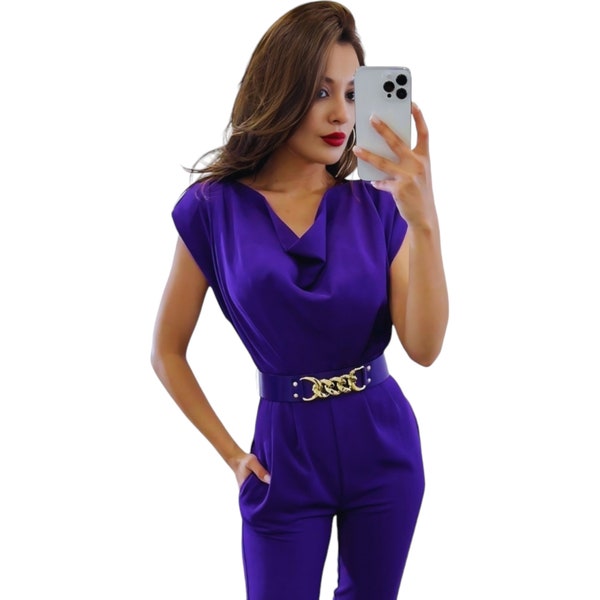 Elegant Purple Jumpsuit: Chic Cap-Sleeve, Slim-Leg for Weddings & Special Occasions - Stylish Evening and Outing Jumpsuits