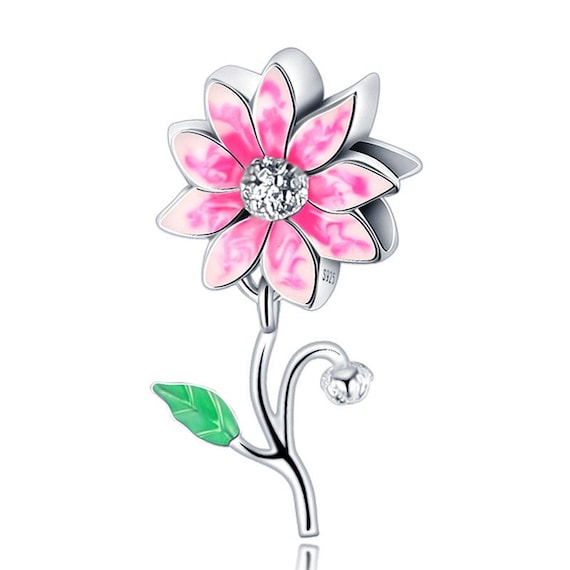 Pink Daisy Crystal Petal Flower Charm Bracelet Compatible Pandora Fit Charm  Sterling Silver 925 Dangle Bead Mom Mum Sister Wife Daughter