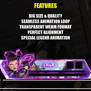 Puede incluir: Gr&aacute;fico digital en morado y negro, con una mujer con expresi&oacute;n decidida. El gr&aacute;fico incluye el texto "AXLE" y las palabras "FEATURES", "BIG SIZE & QUALITY", "SEAMLESS ANIMATION LOOP", "TRANSPARENT WEBM FORMAT", "PERFECT ALIGNMENT" y "SPECIAL LEGEND ANIMATION".