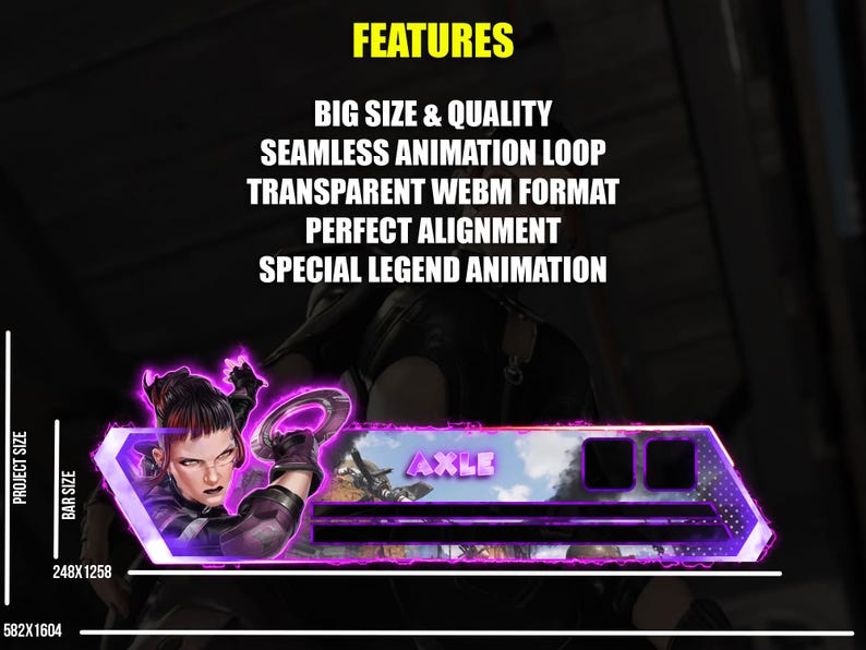 Puede incluir: Gr&aacute;fico digital en morado y negro, con una mujer con expresi&oacute;n decidida. El gr&aacute;fico incluye el texto "AXLE" y las palabras "FEATURES", "BIG SIZE & QUALITY", "SEAMLESS ANIMATION LOOP", "TRANSPARENT WEBM FORMAT", "PERFECT ALIGNMENT" y "SPECIAL LEGEND ANIMATION".