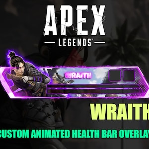 Peut inclure: Une superposition de barre de sant&eacute; anim&eacute;e en violet et blanc pour Apex Legends mettant en sc&egrave;ne Wraith, un personnage du jeu. La superposition a un design futuriste avec une bordure violette brillante et une image de fond d'un ciel nuageux. Le texte "Wraith" est affich&eacute; dans une grande police jaune.