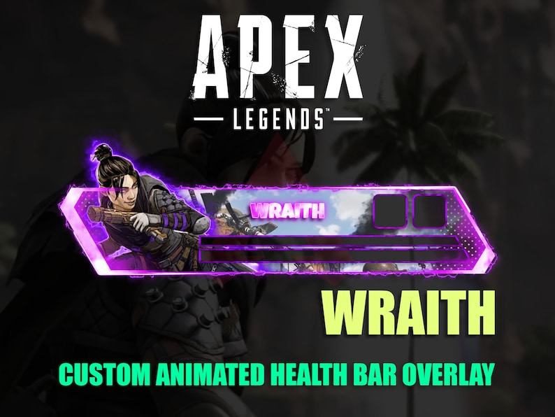 Peut inclure: Une superposition de barre de sant&eacute; anim&eacute;e en violet et blanc pour Apex Legends mettant en sc&egrave;ne Wraith, un personnage du jeu. La superposition a un design futuriste avec une bordure violette brillante et une image de fond d'un ciel nuageux. Le texte "Wraith" est affich&eacute; dans une grande police jaune.