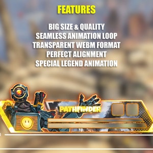 Op de afbeelding: Een digitale afbeelding met het personage Pathfinder uit Apex Legends. Het ontwerp bevat de tekst "PATHFINDER" en het woord "FEATURES" bovenaan. De afbeelding is voornamelijk geel, zwart en oranje, met afmetingen van 582x1604 en 248x1258.