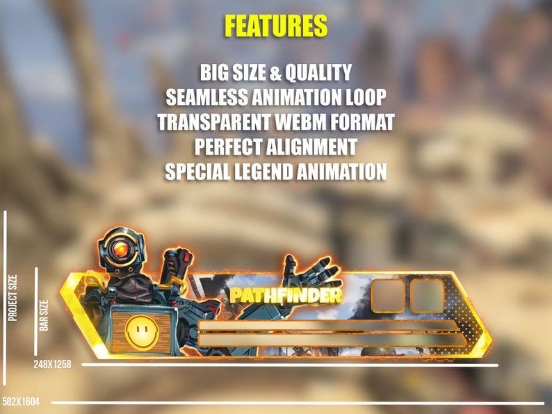Op de afbeelding: Een digitale afbeelding met het personage Pathfinder uit Apex Legends. Het ontwerp bevat de tekst "PATHFINDER" en het woord "FEATURES" bovenaan. De afbeelding is voornamelijk geel, zwart en oranje, met afmetingen van 582x1604 en 248x1258.