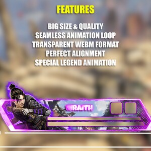 Peut inclure: Banni&egrave;re anim&eacute;e mettant en sc&egrave;ne un personnage du jeu vid&eacute;o Apex Legends. Le personnage est Wraith, une femme aux cheveux violets et v&ecirc;tue d'une tenue violette et noire. La banni&egrave;re est violette et noire avec le texte "WRAITH" en blanc. La banni&egrave;re mesure 248 pixels de large et 1258 pixels de haut.